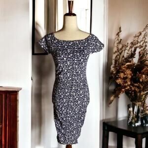 Boden Off Shoulder Sheath Dress Size 4 Navy‎ Blue White Floral Ruched Stretch